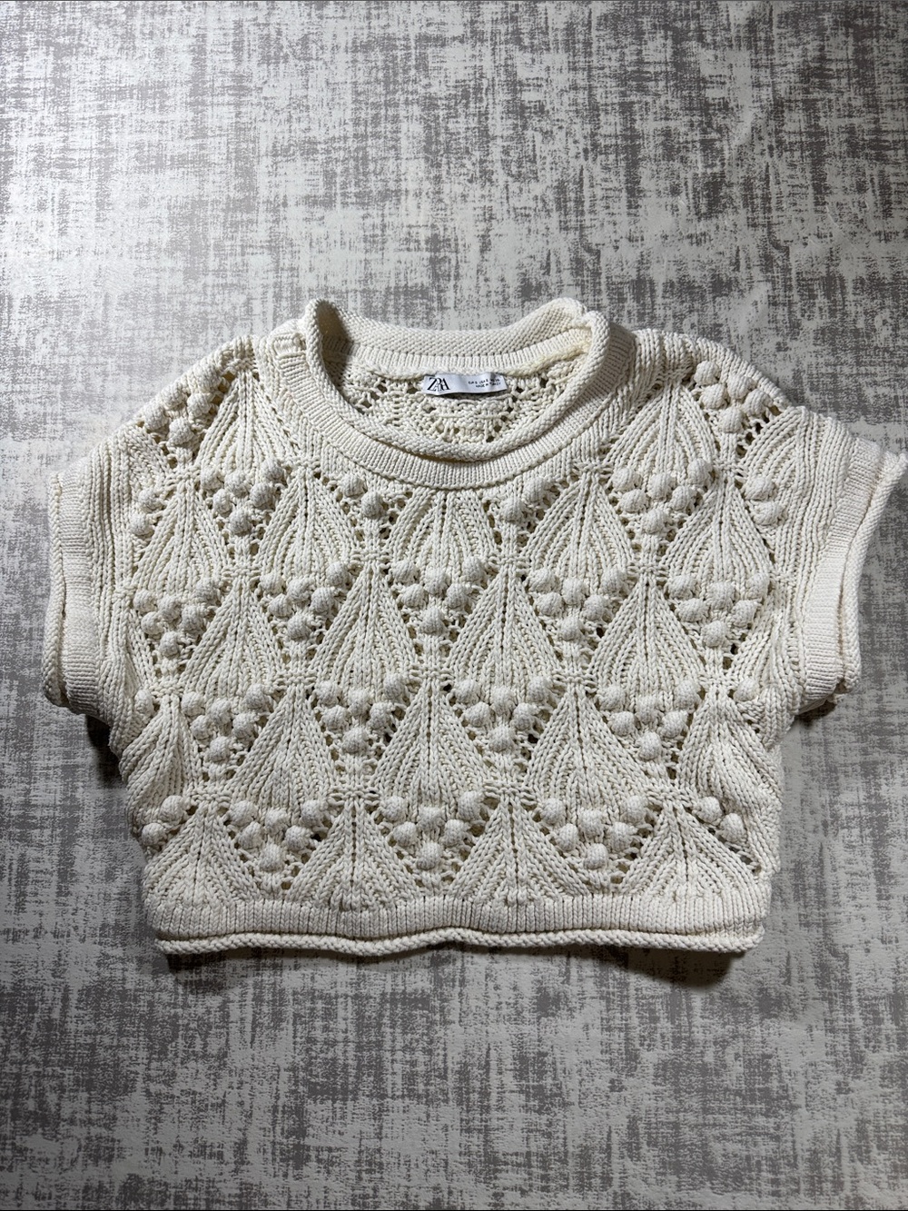 Zara Cream Crochet Short-Sleeve Knit Top 16.5 X18 PTP